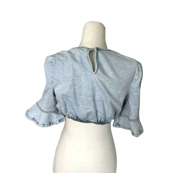 WEWOREWHAT Cropped Denim Top Super Light Flare Cuff Sleeves Size Small S Stretch - Picture 5 of 12